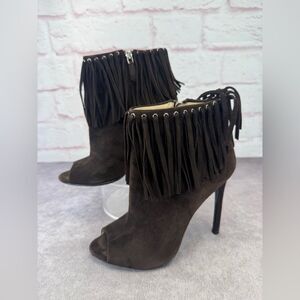 Prada Brown Fringe Peep-Toe Suede Heeled Boots Booties 37.5